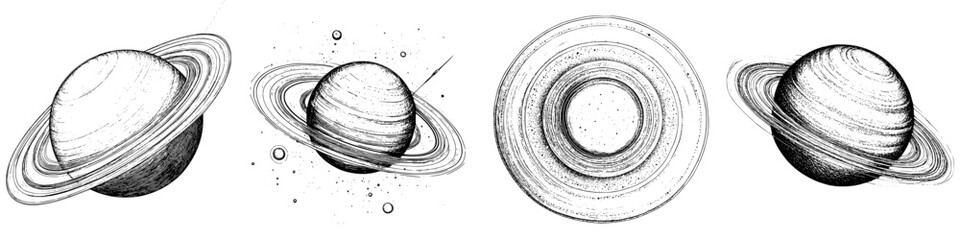 Poster - Detailed artistic representations of Saturn showcasing its iconic rings and surface characteristics in a creative style