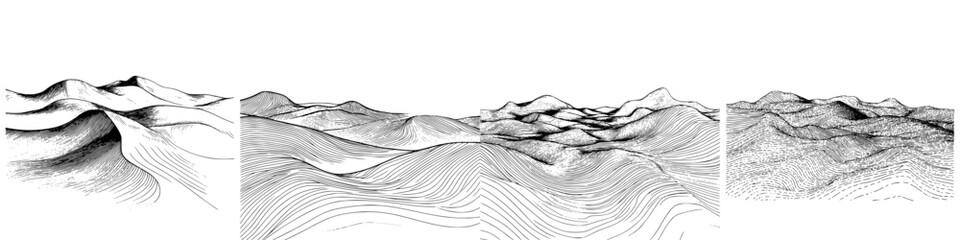 Poster - Mountains illustrated with intricate line patterns showcasing valleys and peaks in a monochrome style