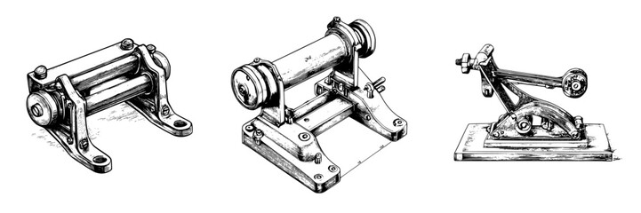 Poster - Vector illustration of hand-drawn machinery with detailed features showcasing industrial tools and equipment