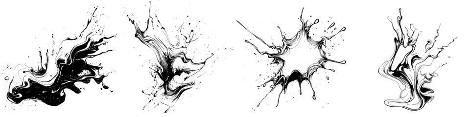Poster - Creative black ink splash designs demonstrating various fluid shapes and dynamic movement