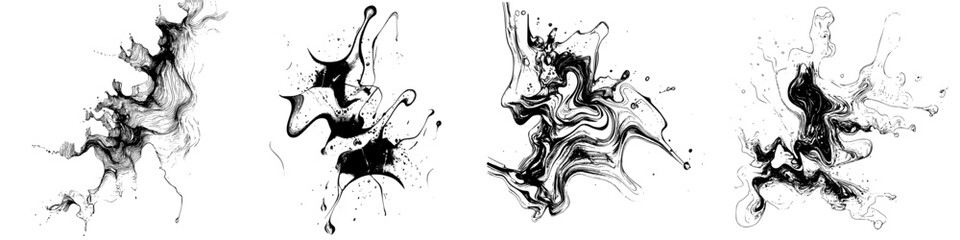 Poster - Abstract black ink splashes create dynamic patterns on a white background, showcasing artistic fluidity and movement