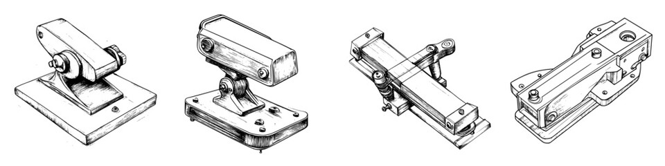 Poster - Hand-drawn vector illustration of various mechanical clamps and fixtures used in woodworking and metalworking activities