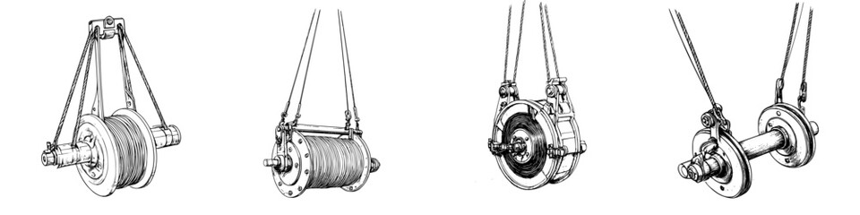 Poster - Detailed hand-drawn vector illustration of various pulley systems showcasing different designs and mechanisms in use