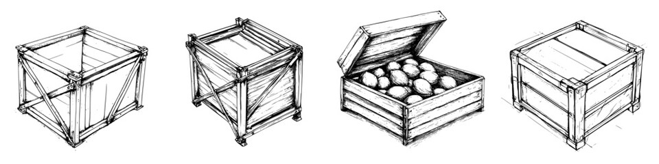 Poster - Hand-drawn vector illustrations of wooden crates in various stages with a focus on details and textures