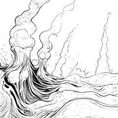 Poster - Vector illustration of swirling smoke in hand-drawn style depicting a mystical landscape at dawn