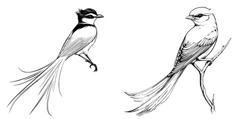 Poster - Intricate hand-drawn vector illustration of two elegant birds perched on branches, showcasing unique features and detailed feathers