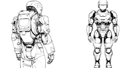 Poster - Detailed hand-drawn vector illustration of a futuristic armored suit design showcasing front and back views