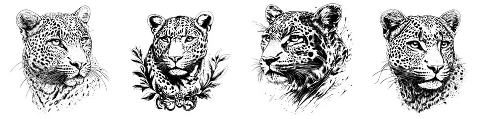 Poster - Hand-drawn vector illustration of leopards showcasing their majestic features in a detailed artistic style