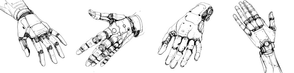 Poster - Detailed hand-drawn vector illustration of robotic hands demonstrating various positions and gestures