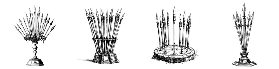 Poster - Vector illustration of decorative spear displays in hand-drawn style showcasing unique designs and arrangements