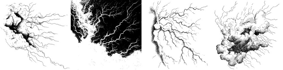 Poster - Detailed artistic rendering of lightning bolts across different backgrounds showcasing various styles and intensity levels
