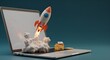 © Rudbari_Graphics - A soft, handcrafted claymation-style 3D rocket slowly lifts off from a laptop screen, with exaggerated clay smoke puffs