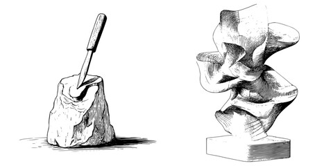 Poster - Vector illustration of artistic sculpting tools beside a dynamic abstract sculpture in hand-drawn style