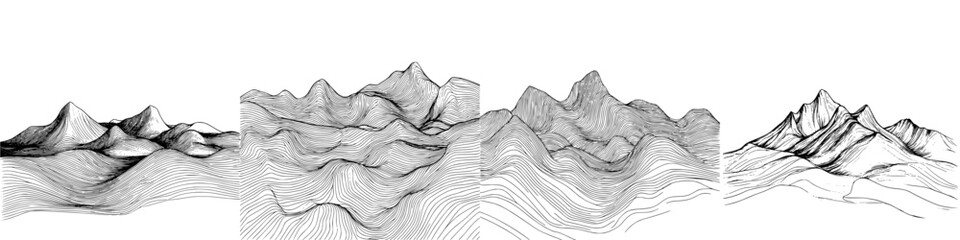 Poster - Hand-drawn vector illustration of abstract mountain ranges with detailed contour lines and unique textures