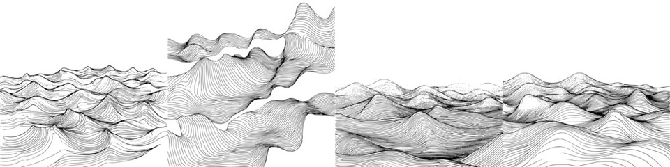 Poster - Hand drawn vector illustration of flowing waves and undulating mountains in monochrome style