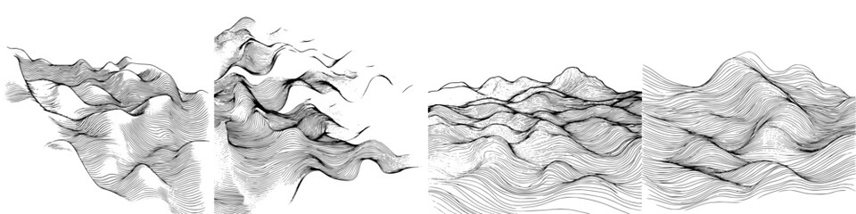 Poster - Abstract hand-drawn vector illustration depicting flowing waves and mountain contours in a minimalist style