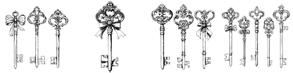 Poster - Elegant hand-drawn vector collection of vintage ornate keys with intricate designs and decorations suitable for various creative projects
