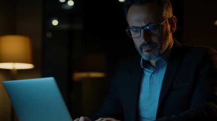 Poster - Focused Professional Working Late on Laptop in Dark Office Environment
