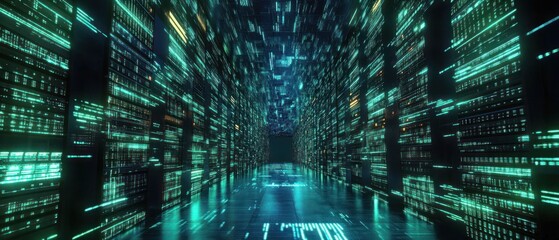 Aufkleber - Futuristic data center corridor with glowing servers and digital displays, showcasing technology