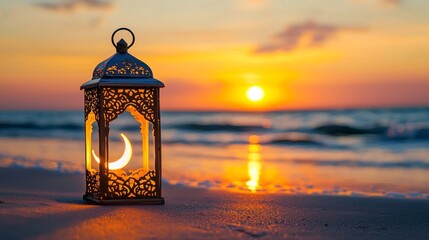 Poster - A beautifully designed lantern lamp with a crescent stands on the sandy shore, glowing softly as the sun sets, painting the sky with warm hues over the tranquil sea