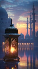 Poster - A beautifully designed lantern glows softly in the foreground, casting warmth against the tranquil twilight. Majestic domes and minarets rise in the background, celebrating the spirit of Ramadan