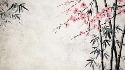 Wall Mural - Zen-inspired wallpaper with cherry blossom petals on inked stems