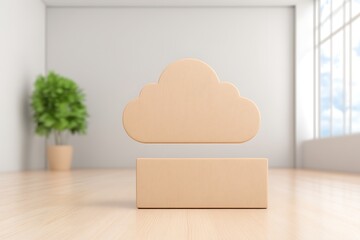 Poster - Beige Wooden Cloud Icon Hovering Above a Block on a Light Wood Floor