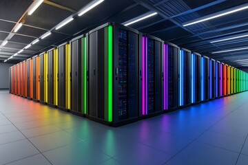 Poster - Vibrant Rainbow-Lit Server Racks in a Modern Data Center