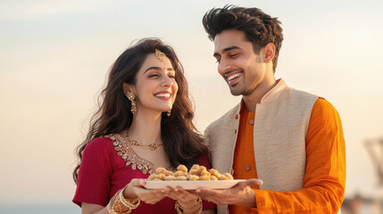 Wall Mural - young indian couple holding sweet ladu plate on diwali festival