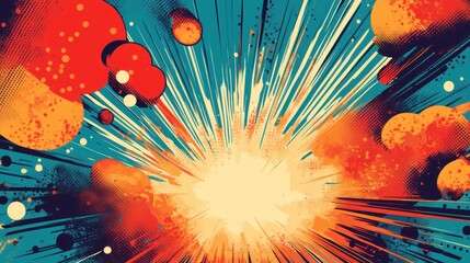 Wall Mural - abstract energy bursts in bright teal and red with bold halftone textures