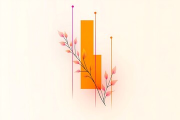 Poster - Abstract minimalist artwork featuring orange rectangles and delicate pink leaves.