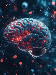 Poster - Visual representation of a brain with red and white spots indicating activity and surrounded by particles