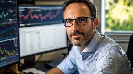 Poster - Confident Male Trader Analyzing Stock Market Data on Multiple Monitors