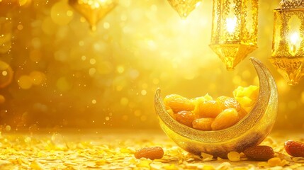 Aufkleber - Golden hues fill the atmosphere, creating a warm ambiance. A decorative bowl holds sweet dates, surrounded by shimmering light and intricate lanterns, perfect for Ramadan festivities