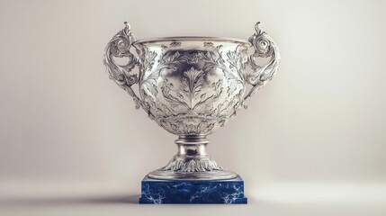 A regal silver trophy featuring delicate floral carvings on marble