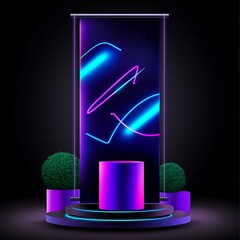 Poster - Neon-lit product display stand with vibrant abstract backdrop and plants.