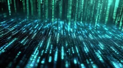 A digital waterfall of blockchain codes cascading in neon blue and green