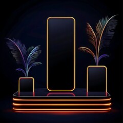 Poster - Neon-lit display stand with vibrant, stylized palm fronds.