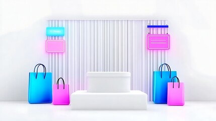 Poster - Minimalist 3D Render of Shopping Bags and Neon Signs on a White Platform