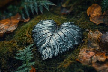 Aufkleber - Heart Shaped Leaf Covered in Frost on a Bed of Moss and Autumn Leaves