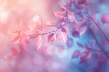 Poster - Pastel Pink And Blue Spring Leaves Branch Soft Light Background