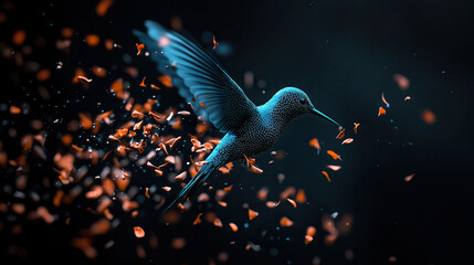 Poster - cybernetic hummingbird with holographic body flaps its wings amidst swirl of orange petals, creating mesmerizing visual effect