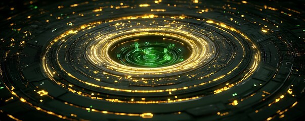 Poster - Futuristic Circular Interface with Glowing Green and Gold Elements