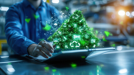 Leinwandbilder - Innovative technology for sustainable development, showcasing green pyramid symbolizing eco friendliness and digital transformation