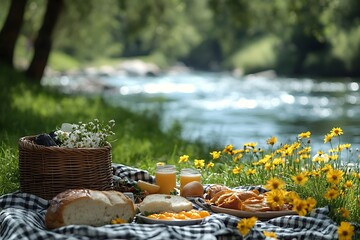 A serene picnic by a flowing river, featuring fresh bread, fruit, and drinks surrounded by flowers