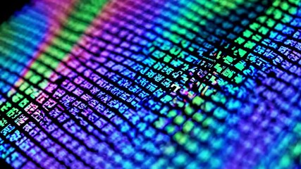 Close-up angled shot of colorful digital code on a screen, creating a futuristic and tech-inspired video concept with vibrant hues.
