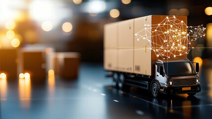 Aufkleber - model truck with cargo container is depicted, showcasing logistics and supply chain concepts through holographic network. scene conveys innovation and technology in transportation