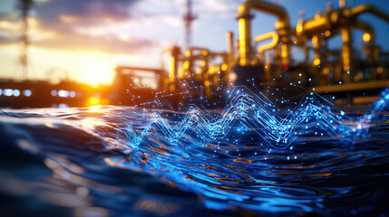 Fototapete - Ocean wave energy plant with holographic data visualization at sunset, showcasing innovative technology in renewable energy. scene captures beauty of nature and progress