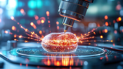 Aufkleber - Autonomous biofabrication facility showcasing real time AI enhanced processes, featuring futuristic design with glowing elements and intricate details. image captures innovation and technology