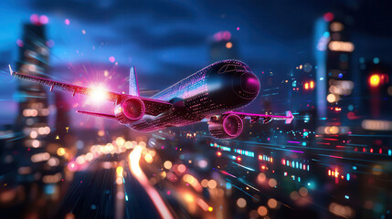 Poster - futuristic airplane flying over vibrant cityscape at night, illuminated by colorful lights, showcasing advanced technology and travel logistics